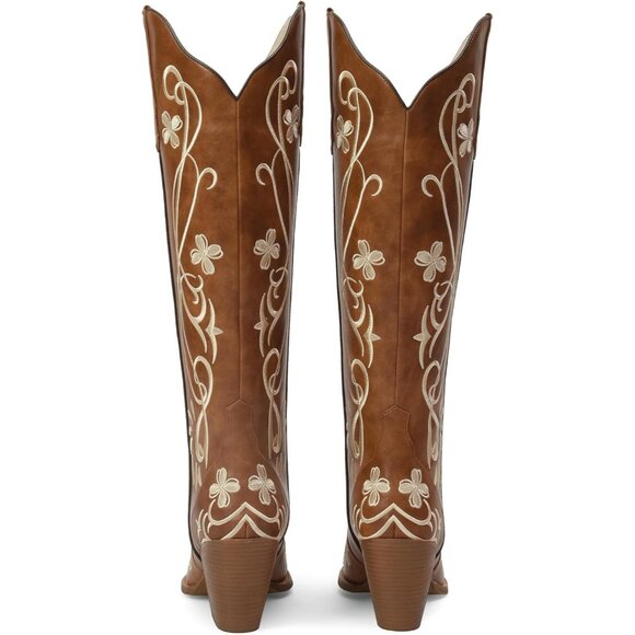 Women's Knee High Heel Floral Embroidered Brown Classic Design Western Boots - Picture 8 of 8